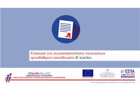 5η Τροποποίηση της δράσης «Ενίσχυση της αυτοαπασχόλησης πτυχιούχων τριτοβάθμιας εκπαίδευσης - B’ κύκλος» του ΕΠΑΝΕΚ