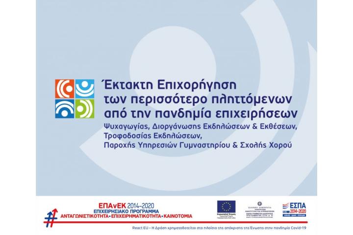 2η τροποποίηση της Δράσης “Έκτακτη Επιχορήγηση των περισσότερο πληττόμενων από την πανδημία επιχειρήσεων ψυχαγωγίας, διοργάνωσης εκδηλώσεων και εκθέσεων, τροφοδοσίας εκδηλώσεων, παροχής υπηρεσιών γυμναστηρίου και σχολής χορού” του ΕΠΑνΕΚ